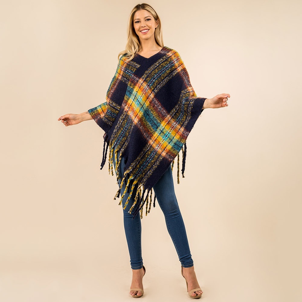 Colorful Plaid Poncho with Fringe